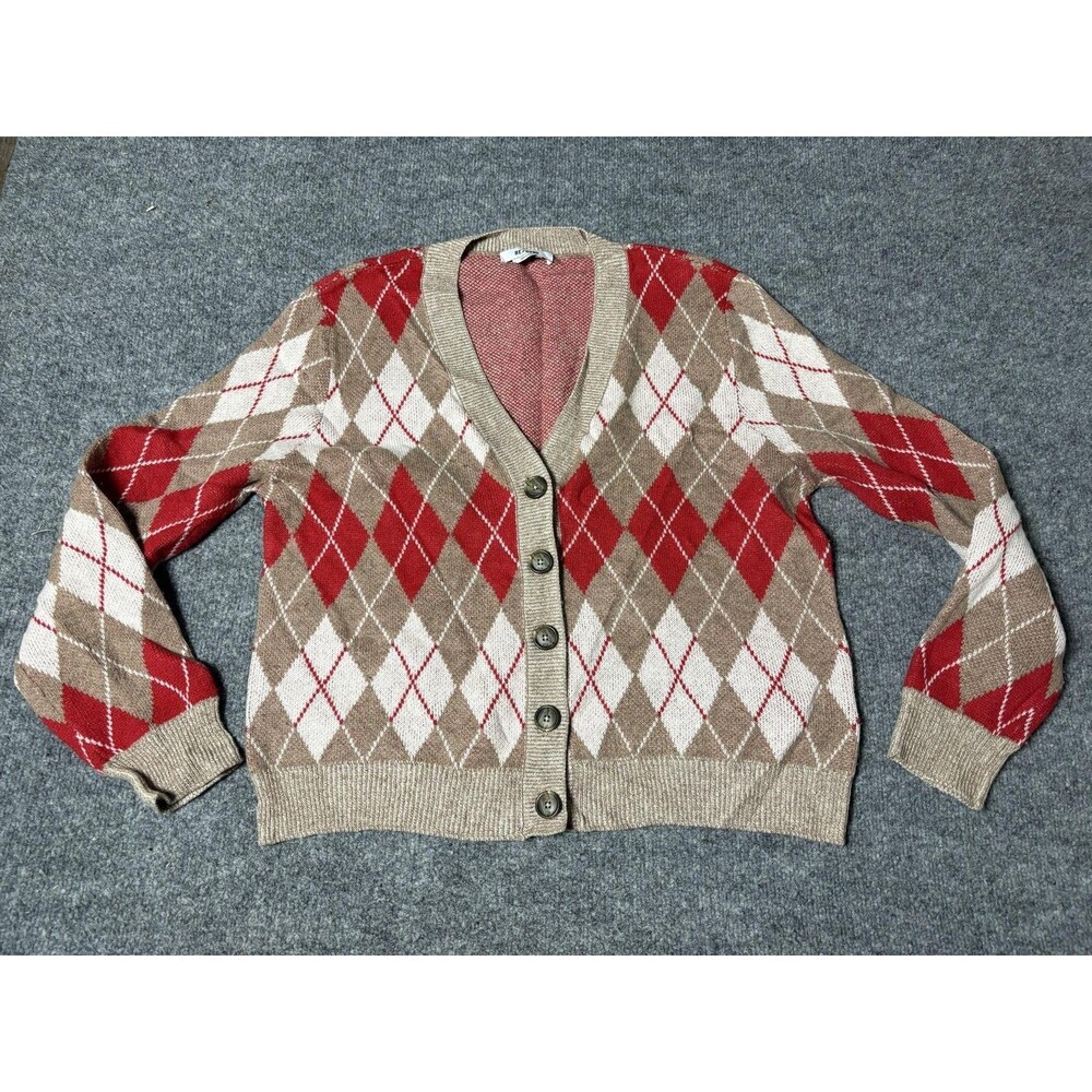 RE/DONE Sweater Womens M Red Argyle Wool Cashmere Button Front Cardigan